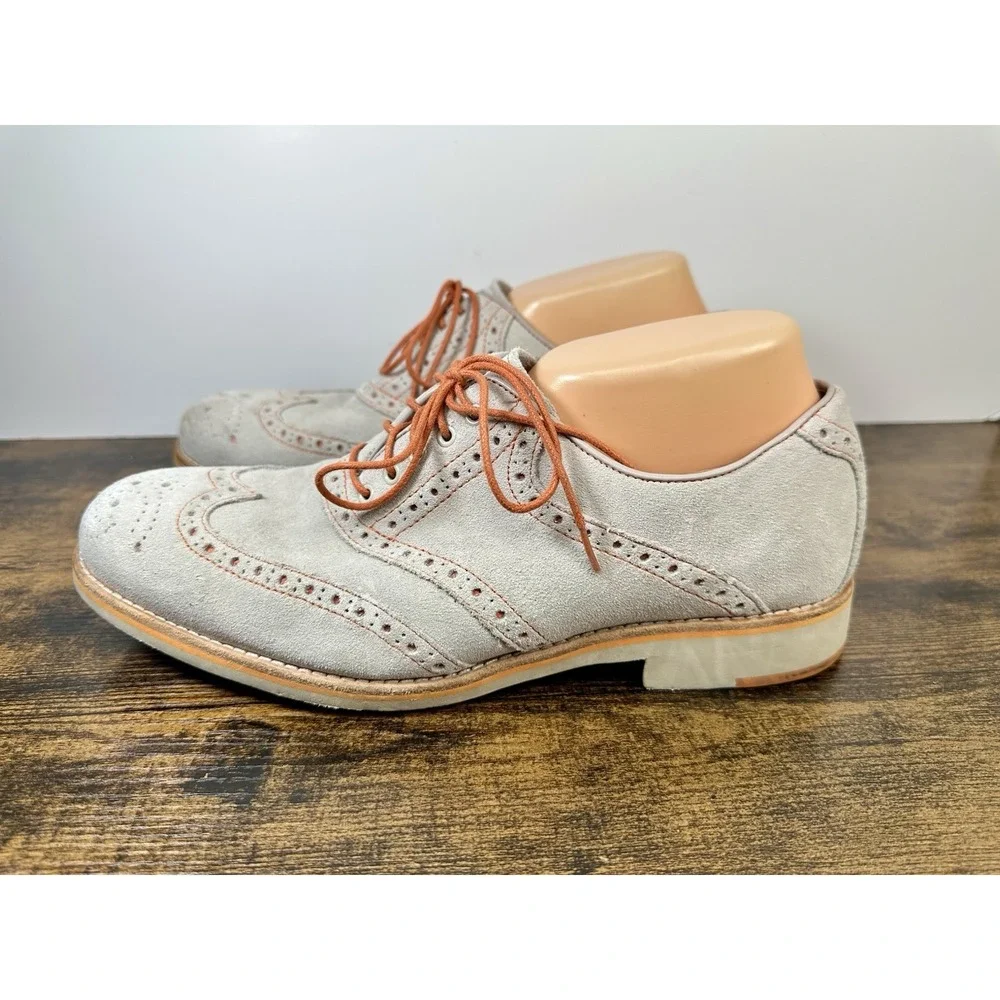 Johnston & Murphy Mens 10M Suede Wingtip Oxford Shoes Gray Sheepskin Lace Up